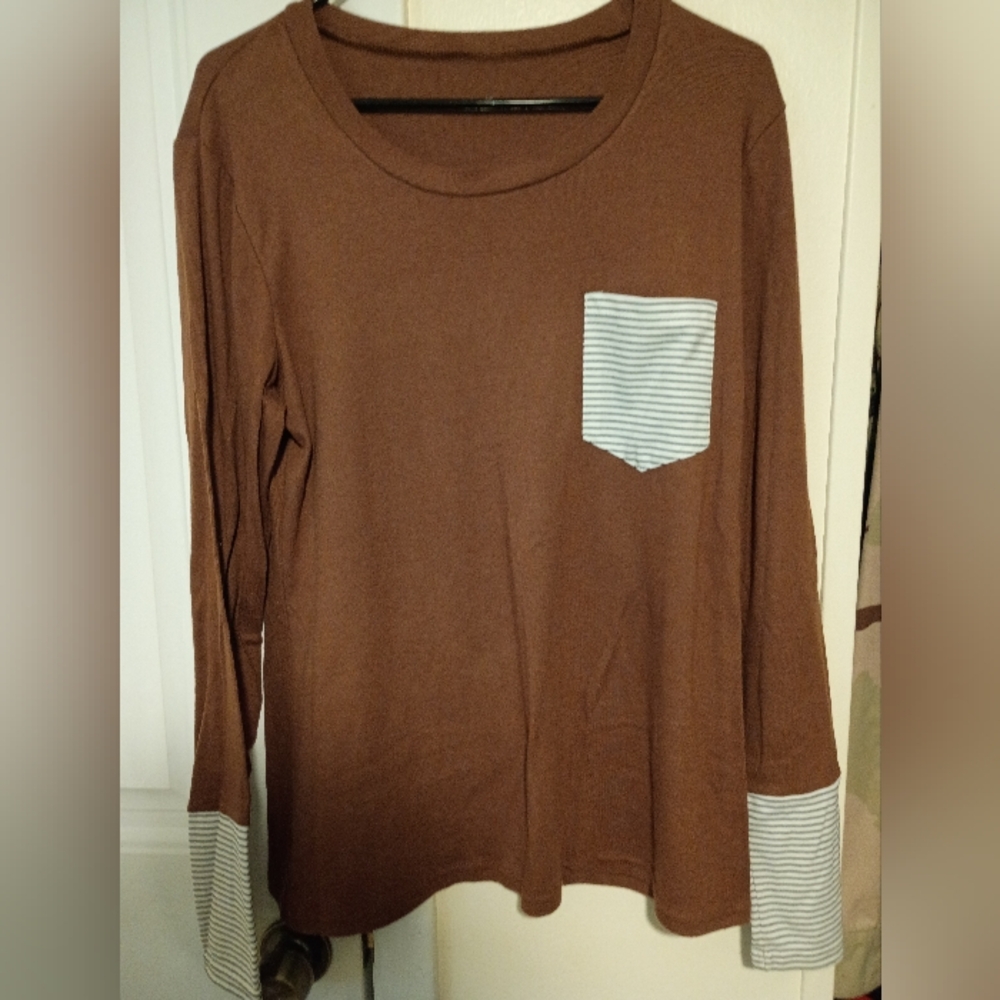Brown Long Sleeve Top with Striped Pocket and Cuffs